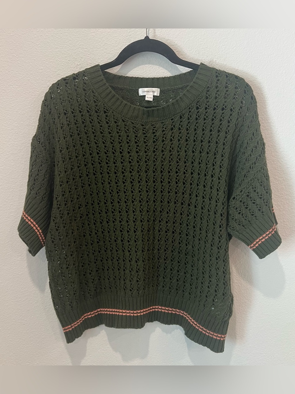 GEMMA & JANE short sleeve open knit olive green sweater size XL preppy academia